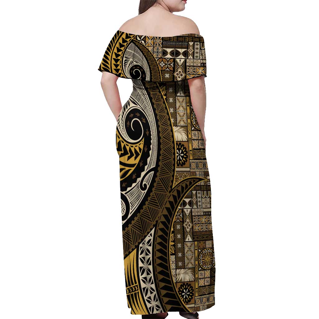 Vintage Samoa Siapo Mamanu Off Shoulder Maxi Dress Gold Samoan Tapa Motif - Polynesian Pride