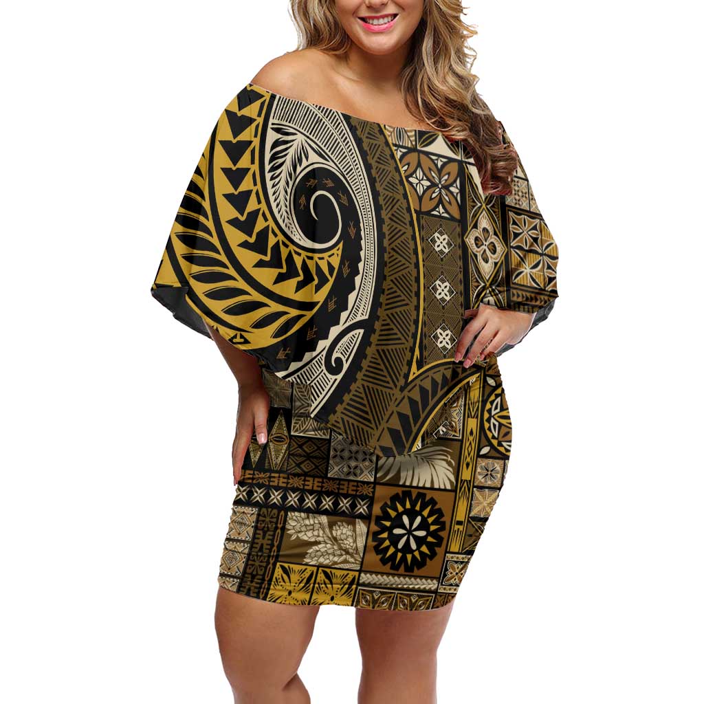 Vintage Samoa Siapo Mamanu Off Shoulder Short Dress Gold Samoan Tapa Motif - Polynesian Pride