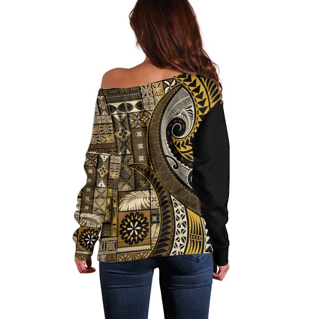 Vintage Samoa Siapo Mamanu Off Shoulder Sweater Gold Samoan Tapa Motif - Polynesian Pride