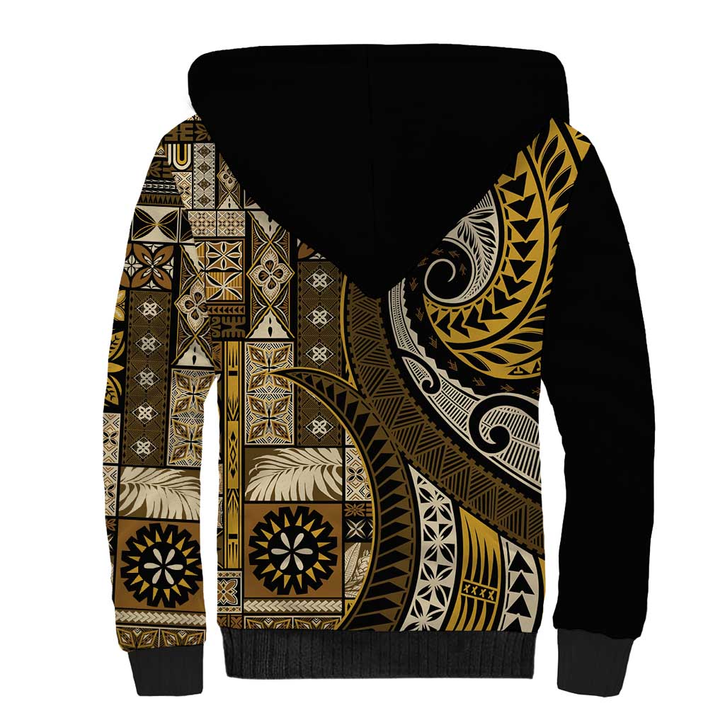 Vintage Samoa Siapo Mamanu Sherpa Hoodie Gold Samoan Tapa Motif LT9 - Polynesian Pride