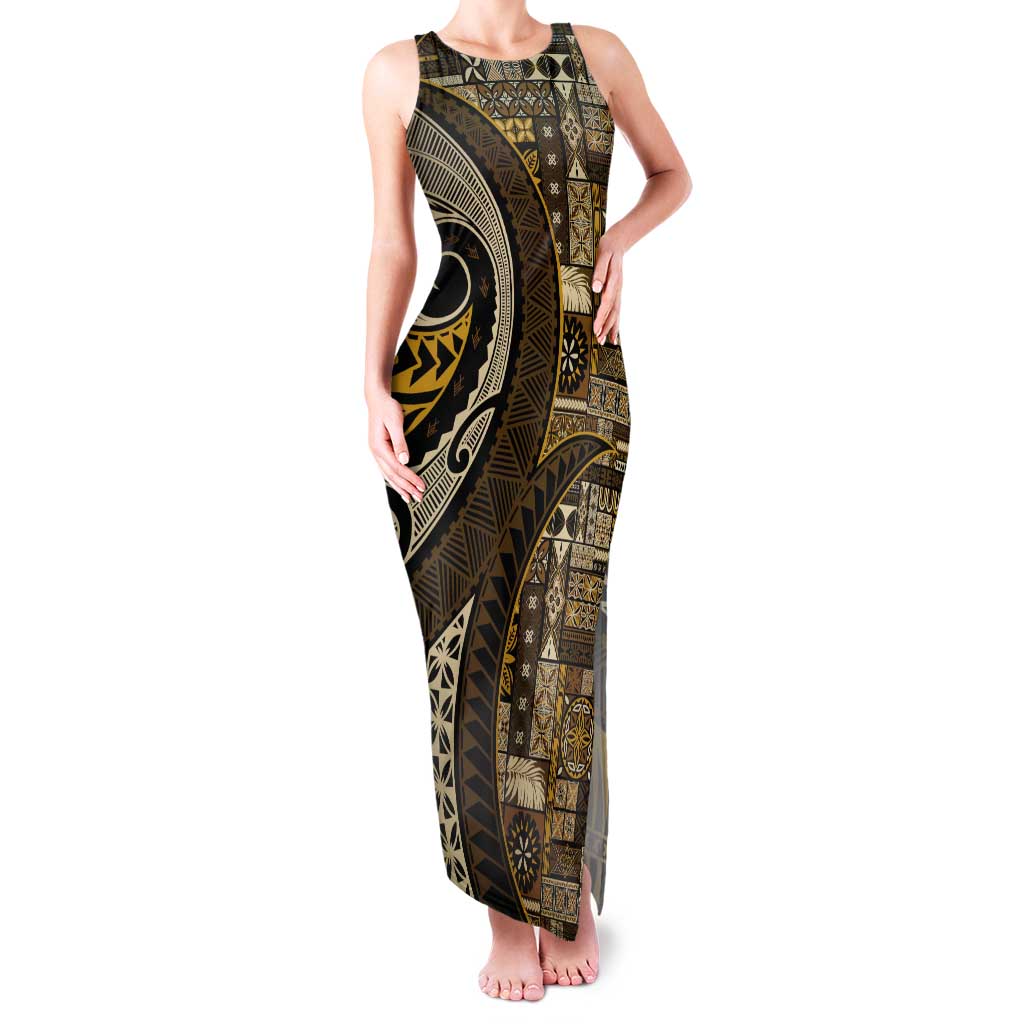 Vintage Samoa Siapo Mamanu Tank Maxi Dress Gold Samoan Tapa Motif - Polynesian Pride