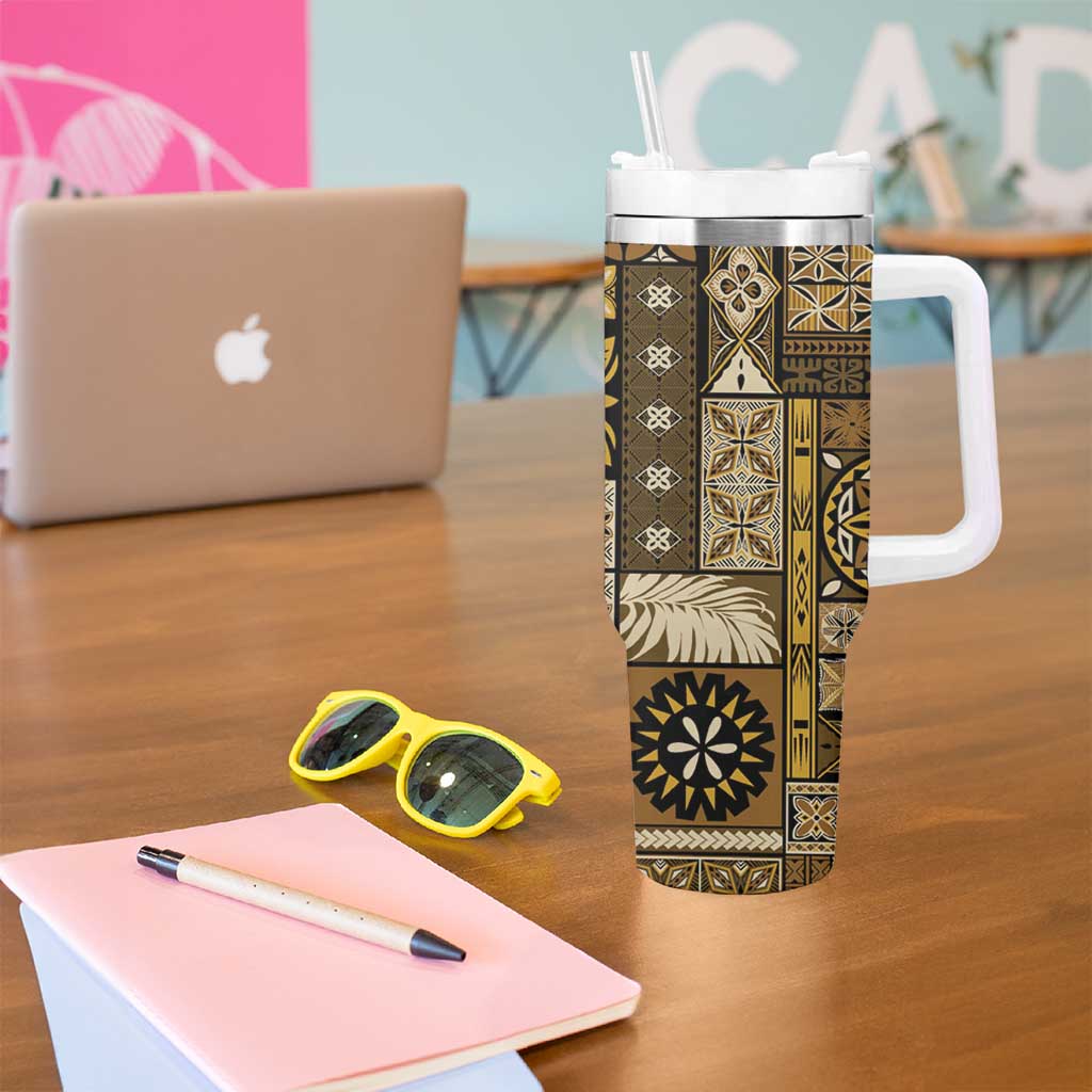 Vintage Samoa Siapo Mamanu Tumbler With Handle Gold Samoan Tapa Motif - Polynesian Pride