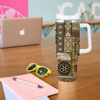 Vintage Samoa Siapo Mamanu Tumbler With Handle Gold Samoan Tapa Motif - Polynesian Pride