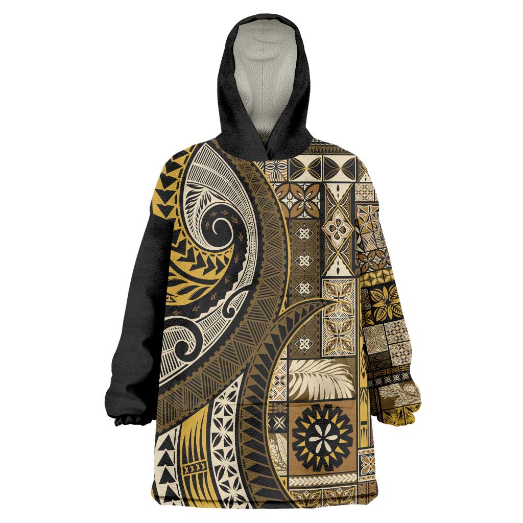 Vintage Samoa Siapo Mamanu Wearable Blanket Hoodie Gold Samoan Tapa Motif LT9 One Size Gold - Polynesian Pride