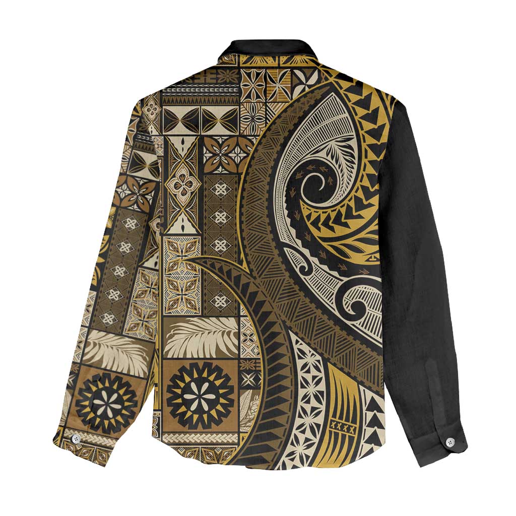 Vintage Samoa Siapo Mamanu Women Casual Shirt Gold Samoan Tapa Motif - Polynesian Pride