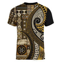Vintage Samoa Siapo Mamanu Women V-Neck T-Shirt Gold Samoan Tapa Motif - Polynesian Pride