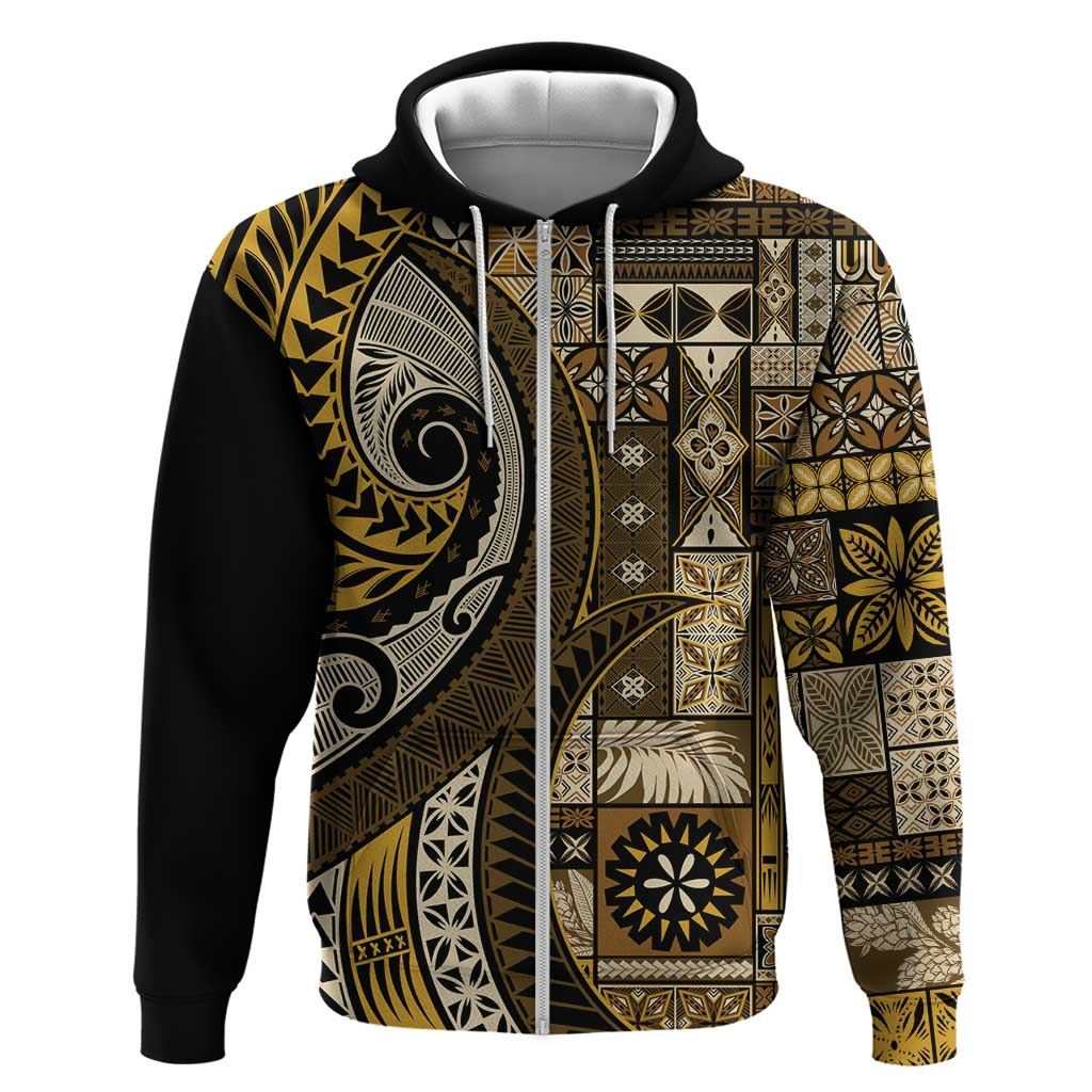 Vintage Samoa Siapo Mamanu Zip Hoodie Gold Samoan Tapa Motif - Polynesian Pride
