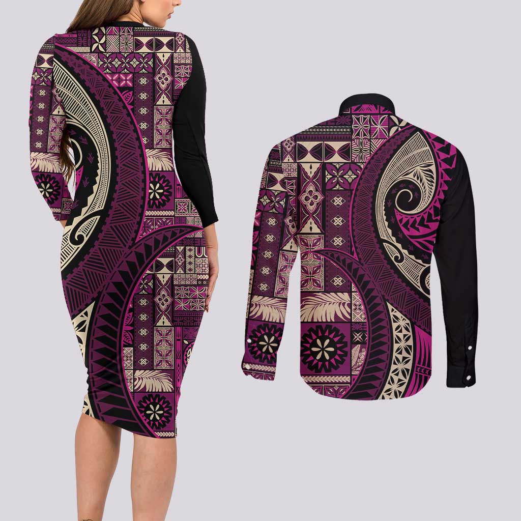 Vintage Samoa Siapo Mamanu Couples Matching Long Sleeve Bodycon Dress and Long Sleeve Button Shirt Pink Samoan Tapa Motif - Polynesian Pride