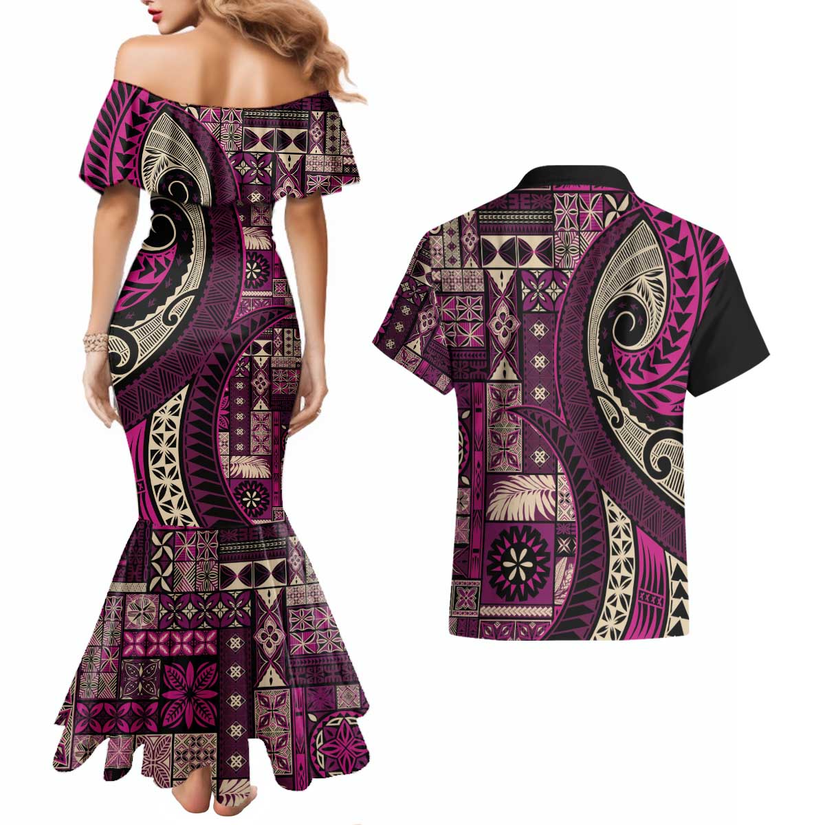 Vintage Samoa Siapo Mamanu Couples Matching Mermaid Dress and Hawaiian Shirt Pink Samoan Tapa Motif - Polynesian Pride