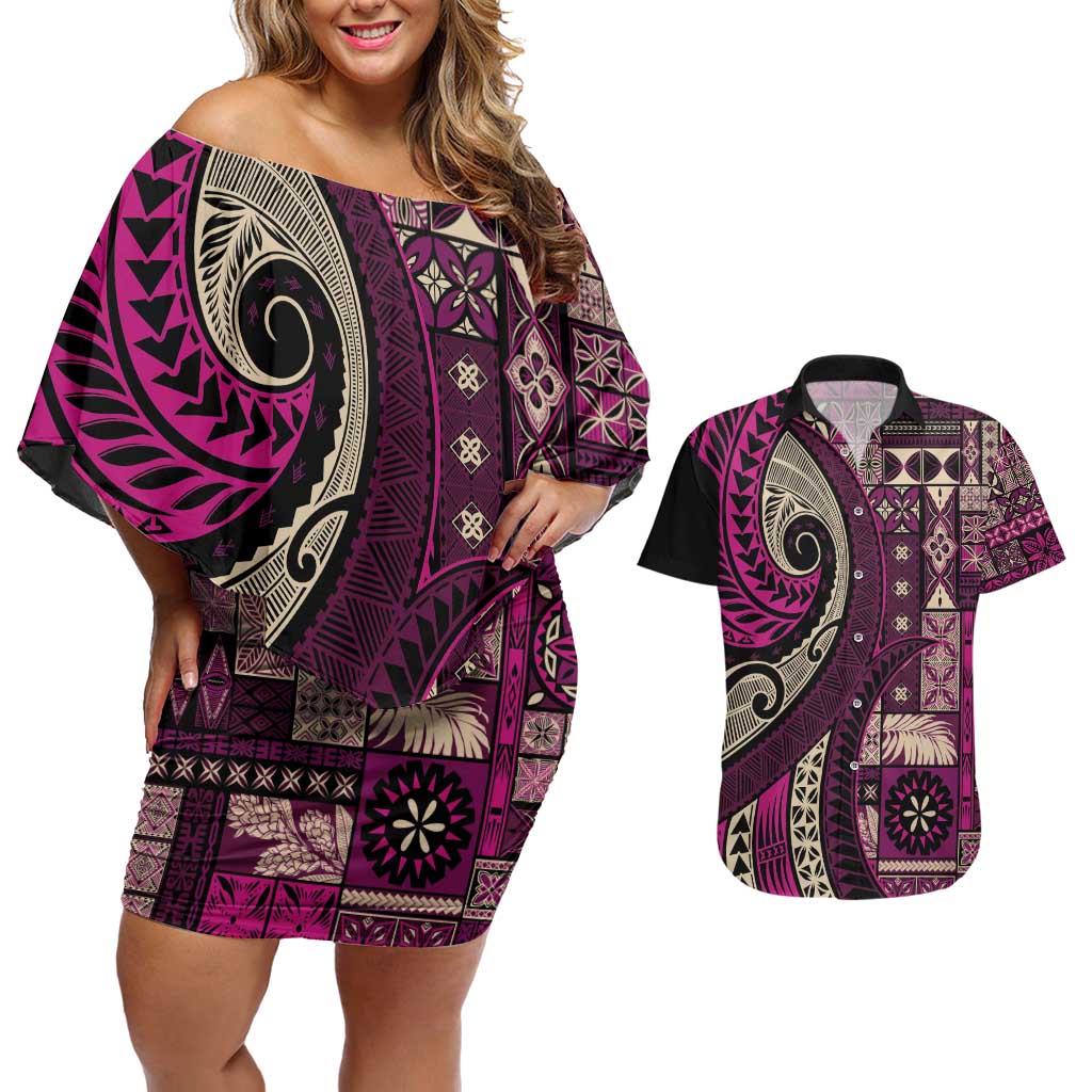 Vintage Samoa Siapo Mamanu Couples Matching Off Shoulder Short Dress and Hawaiian Shirt Pink Samoan Tapa Motif LT9 Pink - Polynesian Pride