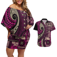 Vintage Samoa Siapo Mamanu Couples Matching Off Shoulder Short Dress and Hawaiian Shirt Pink Samoan Tapa Motif - Polynesian Pride
