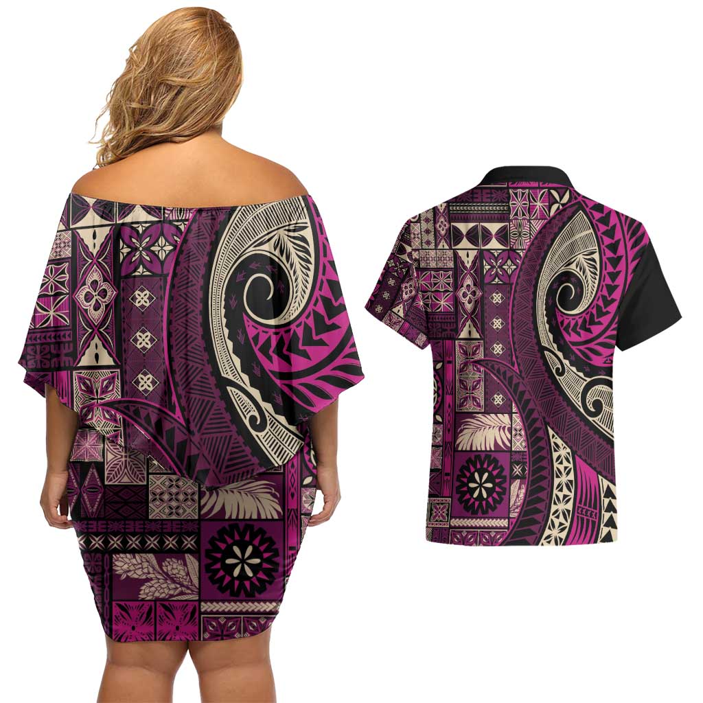 Vintage Samoa Siapo Mamanu Couples Matching Off Shoulder Short Dress and Hawaiian Shirt Pink Samoan Tapa Motif - Polynesian Pride
