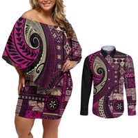 Vintage Samoa Siapo Mamanu Couples Matching Off Shoulder Short Dress and Long Sleeve Button Shirt Pink Samoan Tapa Motif - Polynesian Pride