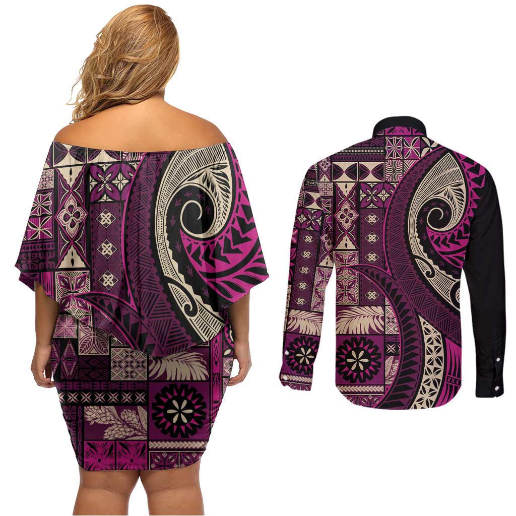 Vintage Samoa Siapo Mamanu Couples Matching Off Shoulder Short Dress and Long Sleeve Button Shirt Pink Samoan Tapa Motif - Polynesian Pride