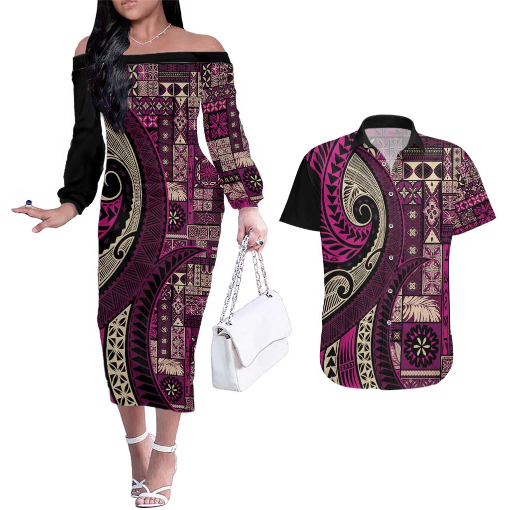 Vintage Samoa Siapo Mamanu Couples Matching Off The Shoulder Long Sleeve Dress and Hawaiian Shirt Pink Samoan Tapa Motif - Polynesian Pride