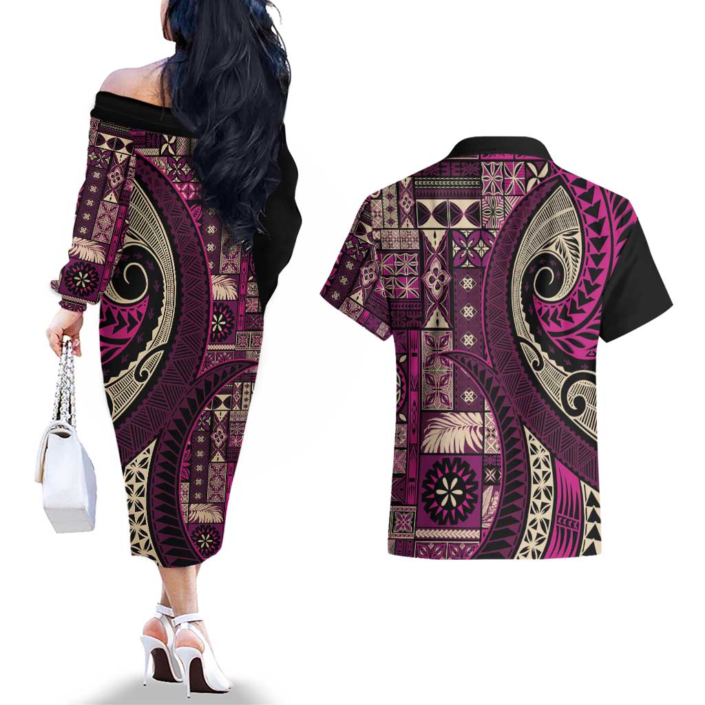 Vintage Samoa Siapo Mamanu Couples Matching Off The Shoulder Long Sleeve Dress and Hawaiian Shirt Pink Samoan Tapa Motif - Polynesian Pride