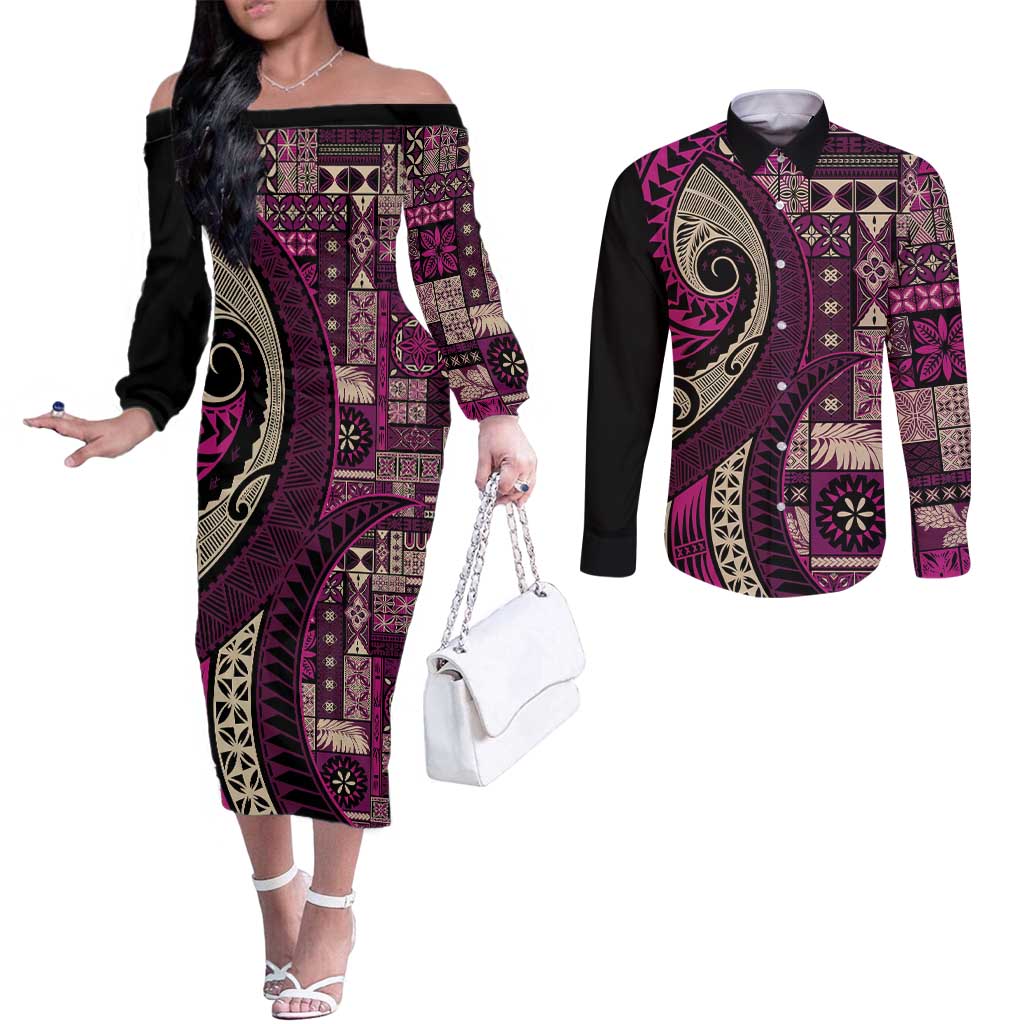 Vintage Samoa Siapo Mamanu Couples Matching Off The Shoulder Long Sleeve Dress and Long Sleeve Button Shirt Pink Samoan Tapa Motif - Polynesian Pride
