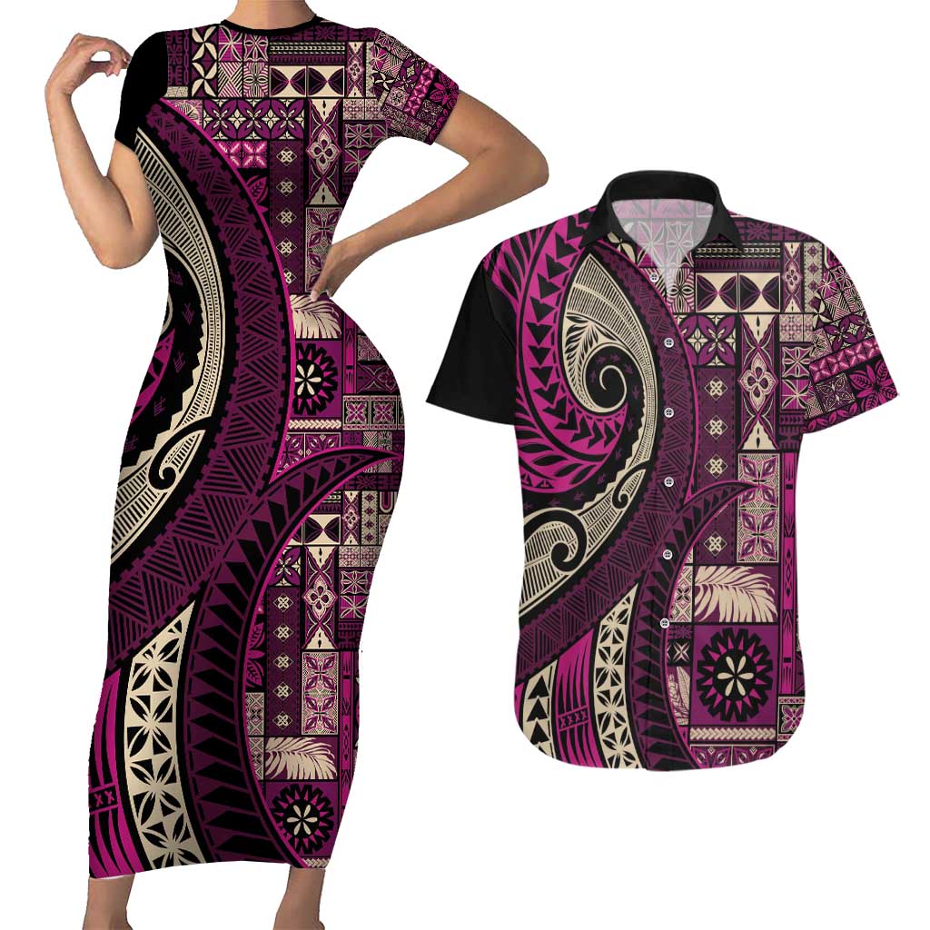 Vintage Samoa Siapo Mamanu Couples Matching Short Sleeve Bodycon Dress and Hawaiian Shirt Pink Samoan Tapa Motif - Polynesian Pride