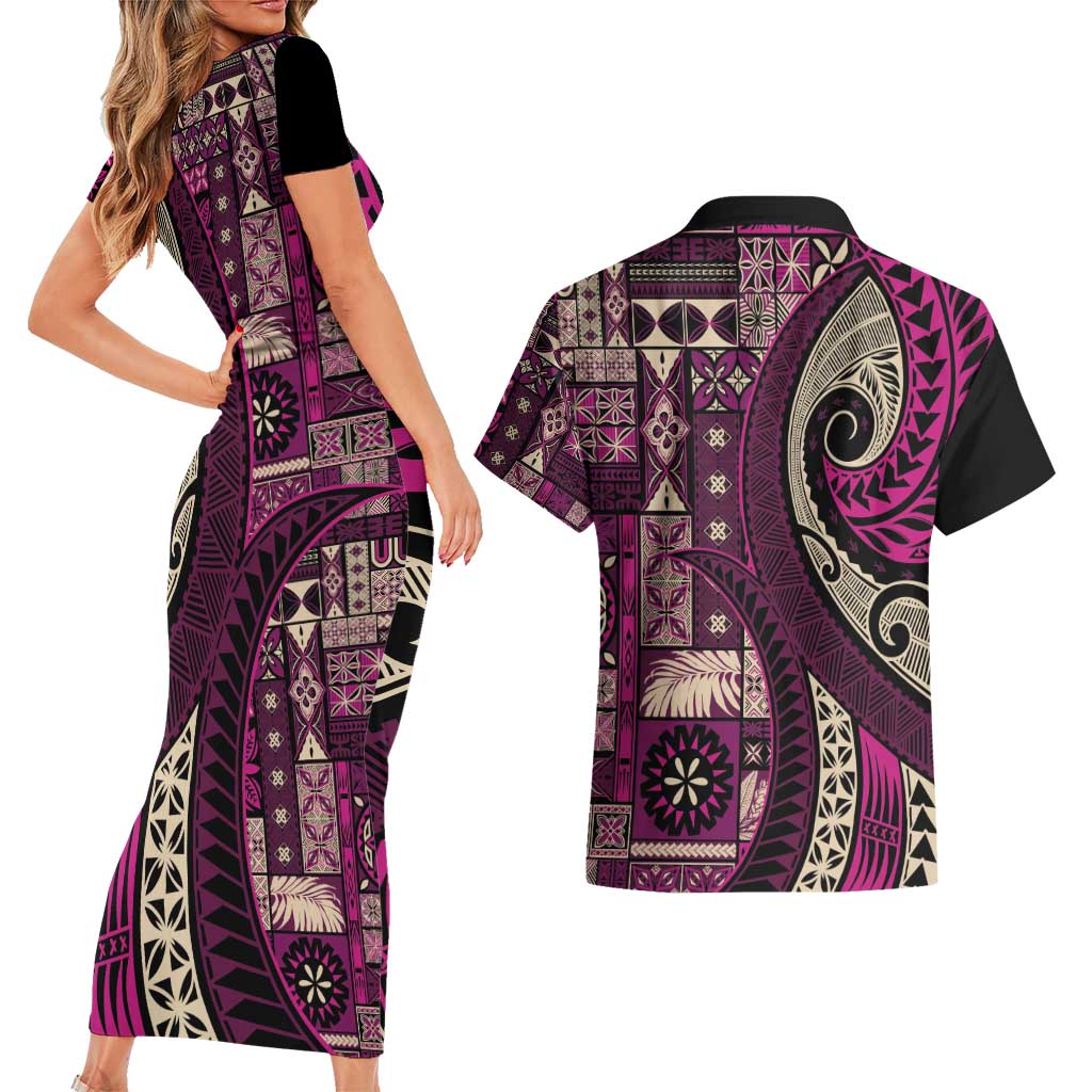 Vintage Samoa Siapo Mamanu Couples Matching Short Sleeve Bodycon Dress and Hawaiian Shirt Pink Samoan Tapa Motif - Polynesian Pride