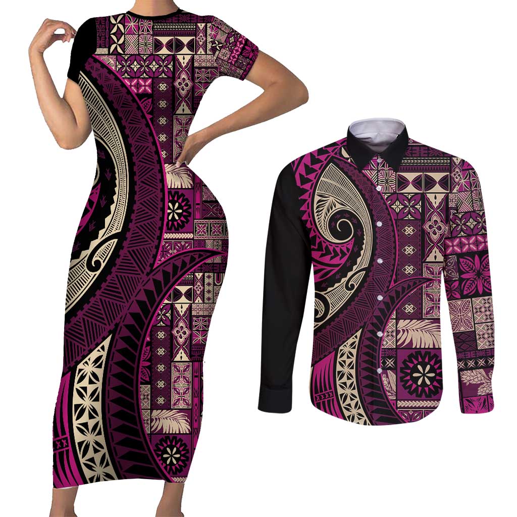 Vintage Samoa Siapo Mamanu Couples Matching Short Sleeve Bodycon Dress and Long Sleeve Button Shirt Pink Samoan Tapa Motif - Polynesian Pride