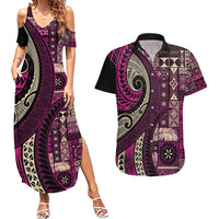 Vintage Samoa Siapo Mamanu Couples Matching Summer Maxi Dress and Hawaiian Shirt Pink Samoan Tapa Motif - Polynesian Pride