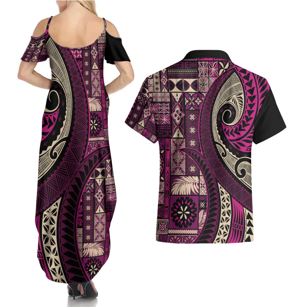Vintage Samoa Siapo Mamanu Couples Matching Summer Maxi Dress and Hawaiian Shirt Pink Samoan Tapa Motif - Polynesian Pride