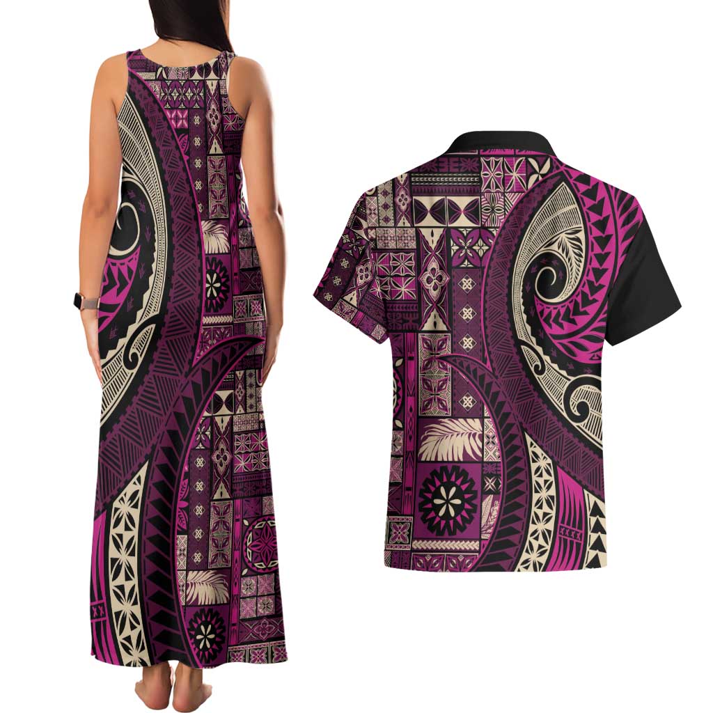 Vintage Samoa Siapo Mamanu Couples Matching Tank Maxi Dress and Hawaiian Shirt Pink Samoan Tapa Motif - Polynesian Pride