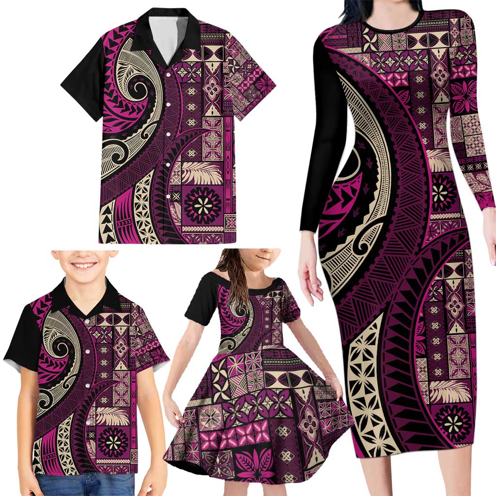 Vintage Samoa Siapo Mamanu Family Matching Long Sleeve Bodycon Dress and Hawaiian Shirt Pink Samoan Tapa Motif - Polynesian Pride