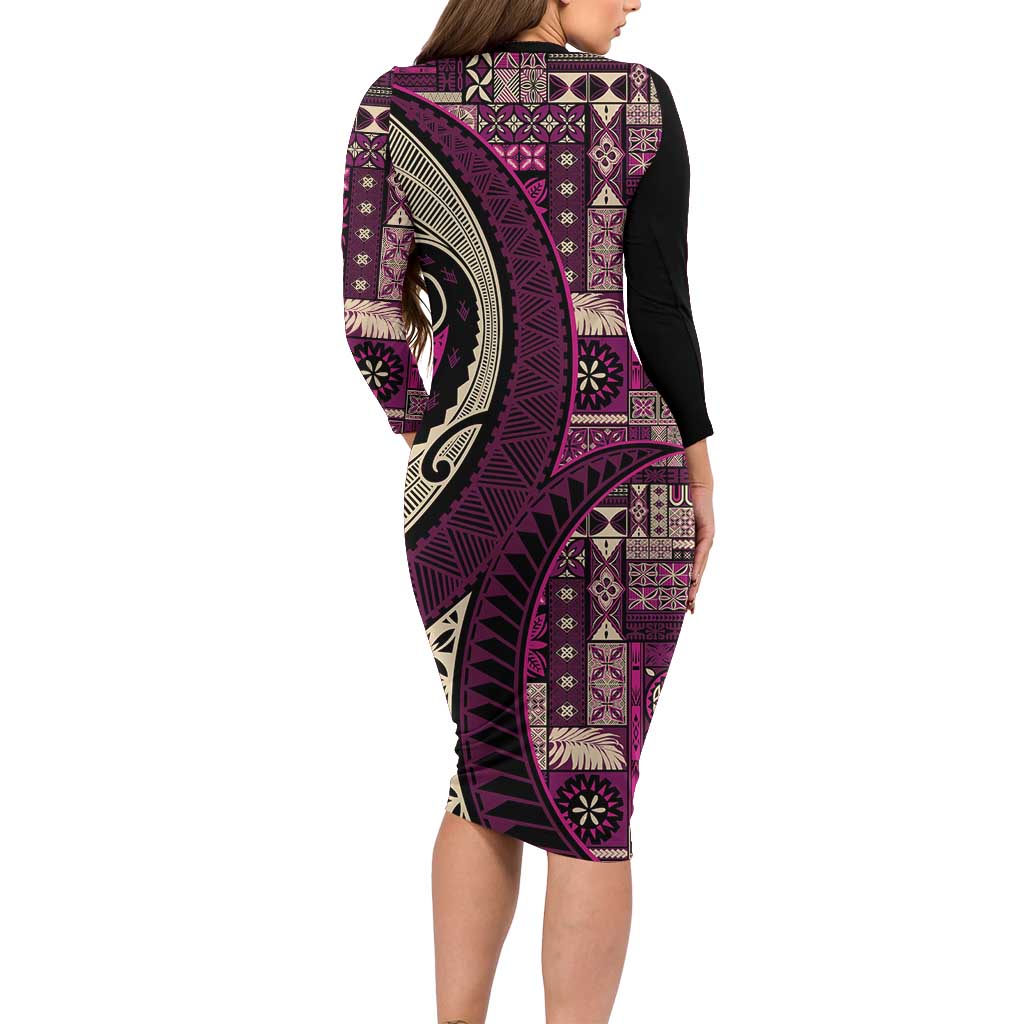 Vintage Samoa Siapo Mamanu Family Matching Long Sleeve Bodycon Dress and Hawaiian Shirt Pink Samoan Tapa Motif - Polynesian Pride
