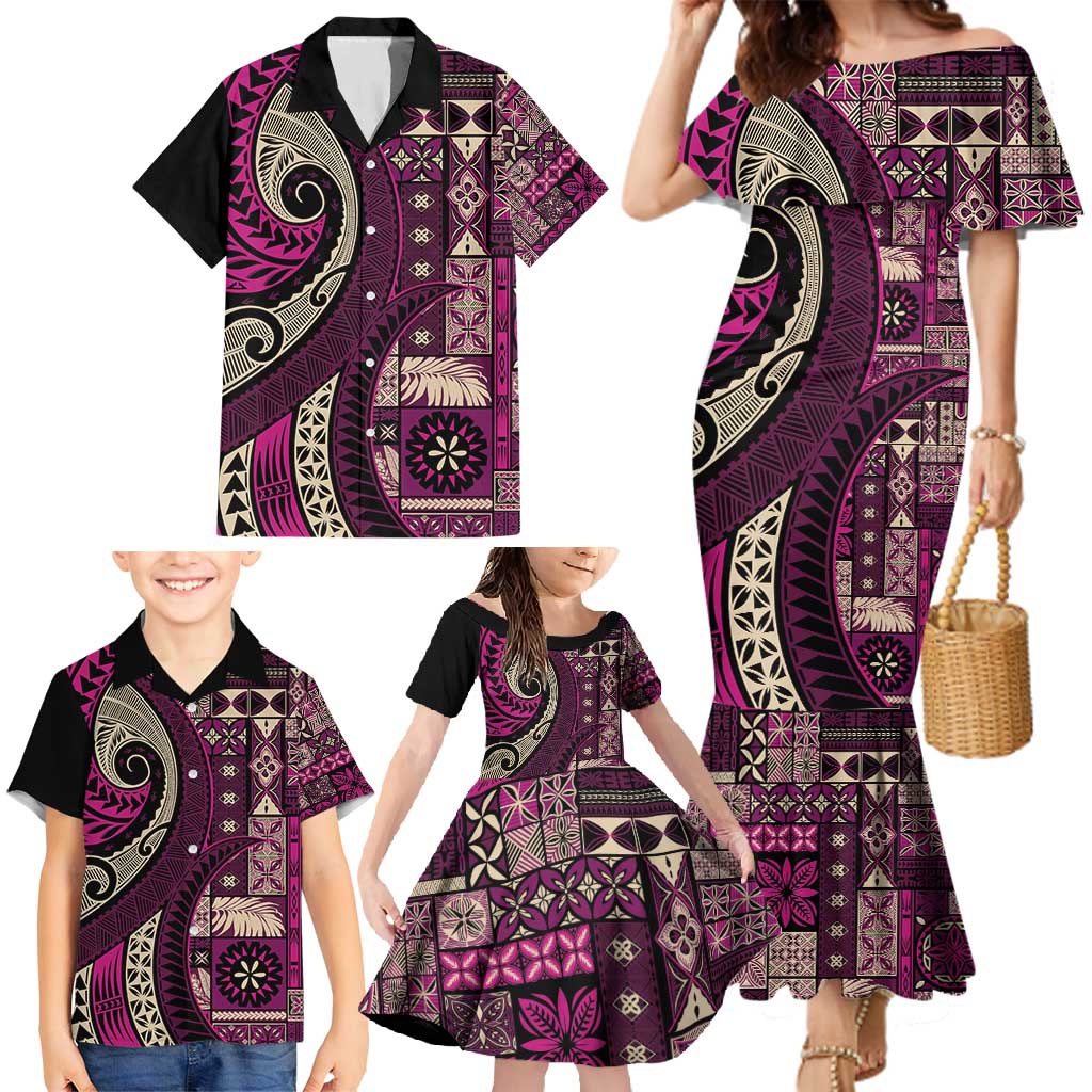 Vintage Samoa Siapo Mamanu Family Matching Mermaid Dress and Hawaiian Shirt Pink Samoan Tapa Motif - Polynesian Pride