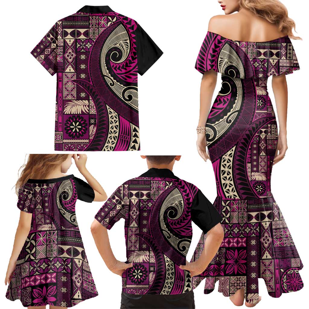 Vintage Samoa Siapo Mamanu Family Matching Mermaid Dress and Hawaiian Shirt Pink Samoan Tapa Motif - Polynesian Pride