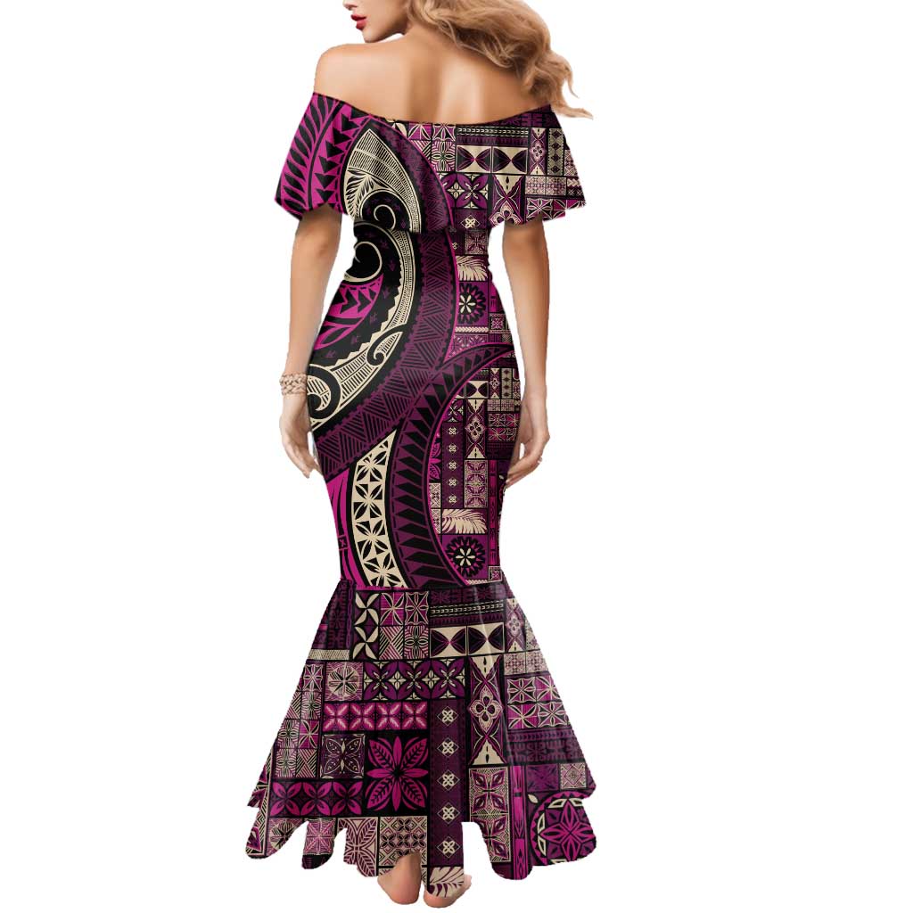 Vintage Samoa Siapo Mamanu Family Matching Mermaid Dress and Hawaiian Shirt Pink Samoan Tapa Motif - Polynesian Pride