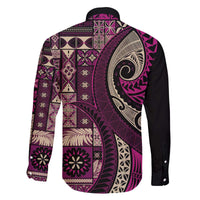 Vintage Samoa Siapo Mamanu Family Matching Off The Shoulder Long Sleeve Dress and Hawaiian Shirt Pink Samoan Tapa Motif - Polynesian Pride