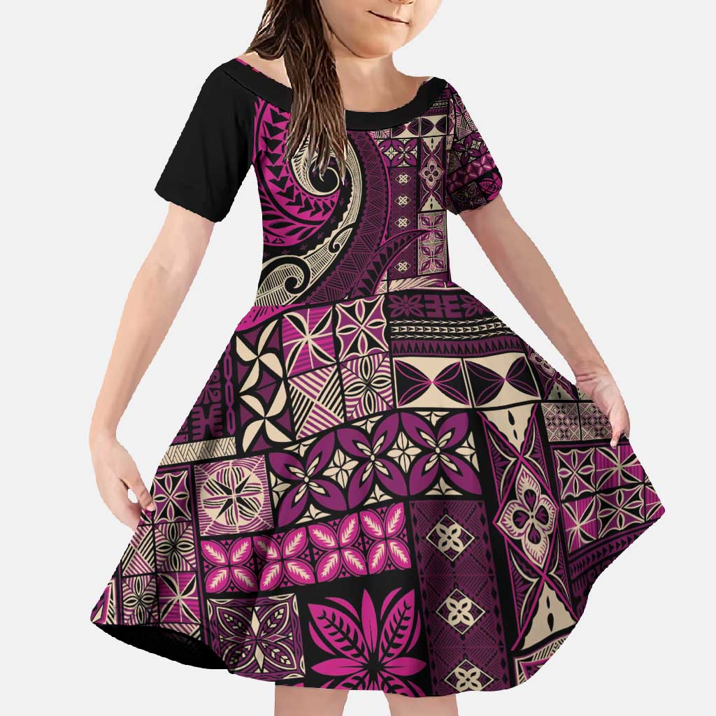 Vintage Samoa Siapo Mamanu Family Matching Short Sleeve Bodycon Dress and Hawaiian Shirt Pink Samoan Tapa Motif - Polynesian Pride