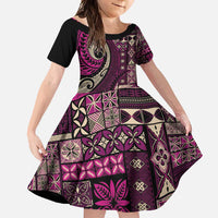 Vintage Samoa Siapo Mamanu Family Matching Short Sleeve Bodycon Dress and Hawaiian Shirt Pink Samoan Tapa Motif - Polynesian Pride