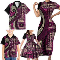 Vintage Samoa Siapo Mamanu Family Matching Short Sleeve Bodycon Dress and Hawaiian Shirt Pink Samoan Tapa Motif - Polynesian Pride