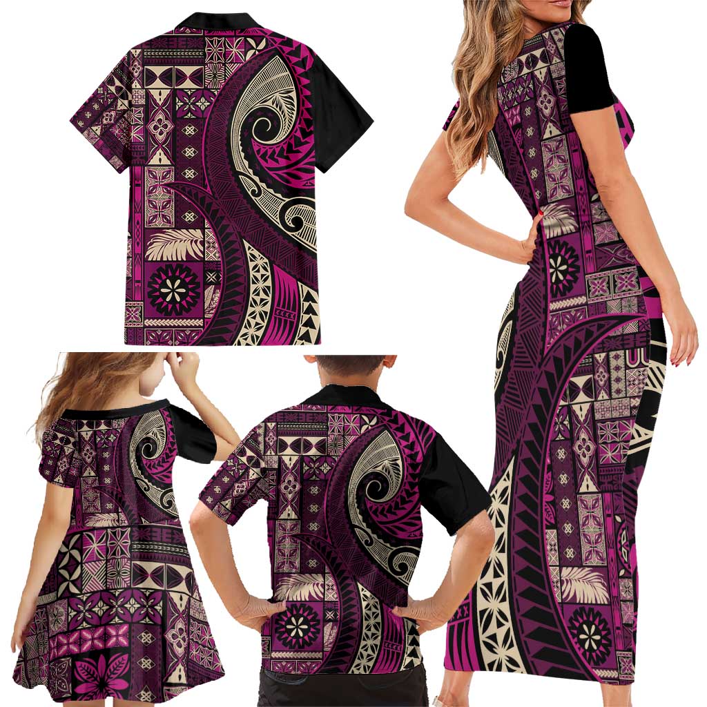 Vintage Samoa Siapo Mamanu Family Matching Short Sleeve Bodycon Dress and Hawaiian Shirt Pink Samoan Tapa Motif - Polynesian Pride