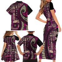 Vintage Samoa Siapo Mamanu Family Matching Short Sleeve Bodycon Dress and Hawaiian Shirt Pink Samoan Tapa Motif - Polynesian Pride