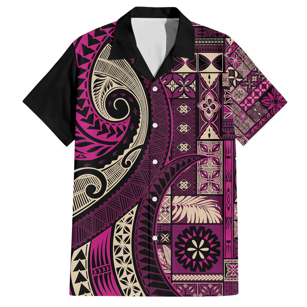 Vintage Samoa Siapo Mamanu Family Matching Short Sleeve Bodycon Dress and Hawaiian Shirt Pink Samoan Tapa Motif - Polynesian Pride
