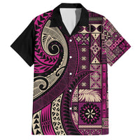 Vintage Samoa Siapo Mamanu Family Matching Short Sleeve Bodycon Dress and Hawaiian Shirt Pink Samoan Tapa Motif - Polynesian Pride