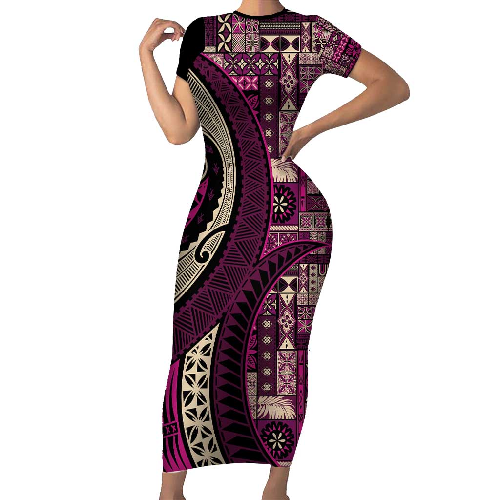 Vintage Samoa Siapo Mamanu Family Matching Short Sleeve Bodycon Dress and Hawaiian Shirt Pink Samoan Tapa Motif - Polynesian Pride
