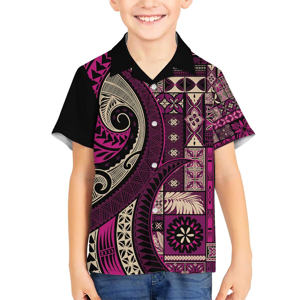 Vintage Samoa Siapo Mamanu Family Matching Short Sleeve Bodycon Dress and Hawaiian Shirt Pink Samoan Tapa Motif - Polynesian Pride