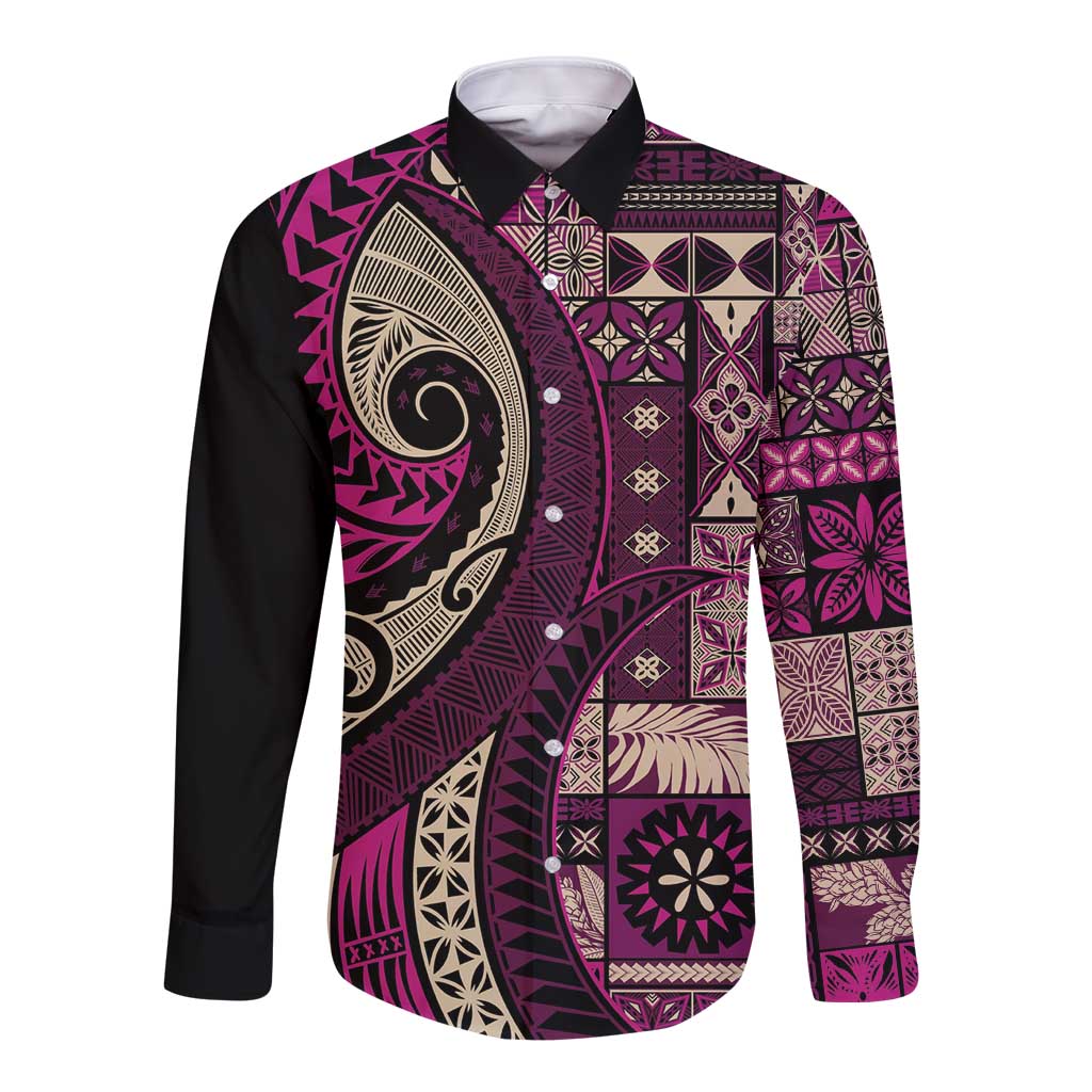 Vintage Samoa Siapo Mamanu Long Sleeve Button Shirt Pink Samoan Tapa Motif LT9 Unisex Pink - Polynesian Pride