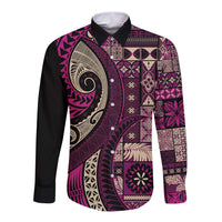 Vintage Samoa Siapo Mamanu Long Sleeve Button Shirt Pink Samoan Tapa Motif LT9 Unisex Pink - Polynesian Pride