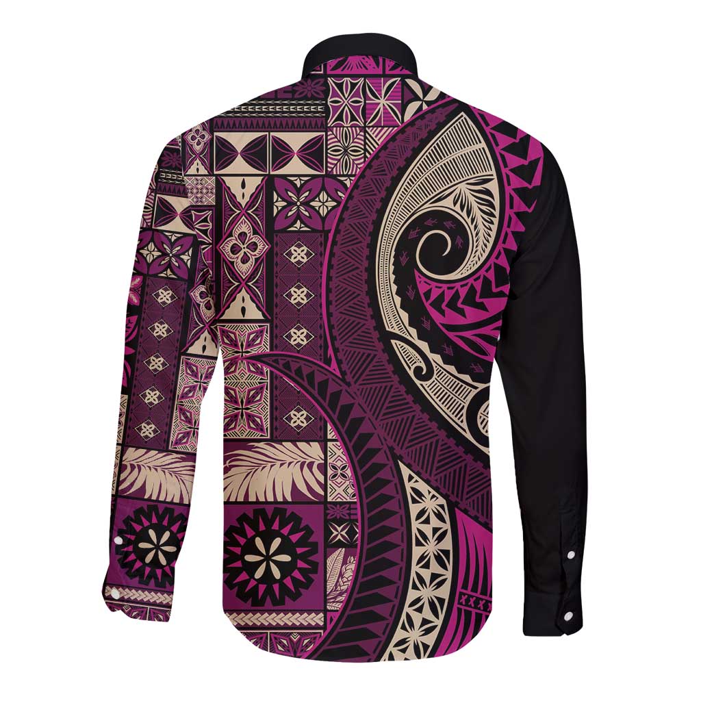 Vintage Samoa Siapo Mamanu Long Sleeve Button Shirt Pink Samoan Tapa Motif LT9 - Polynesian Pride