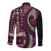 Vintage Samoa Siapo Mamanu Long Sleeve Button Shirt Pink Samoan Tapa Motif LT9 - Polynesian Pride
