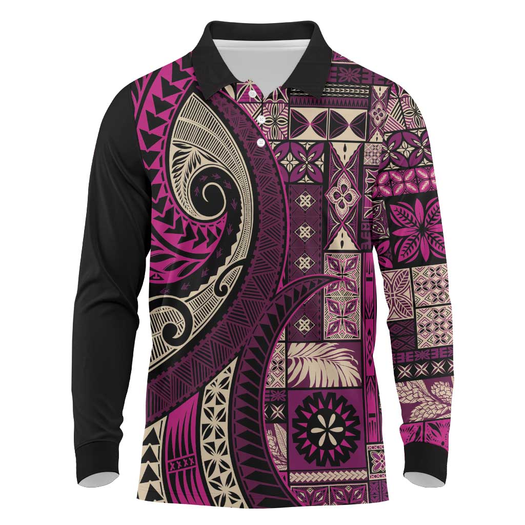 Vintage Samoa Siapo Mamanu Long Sleeve Polo Shirt Pink Samoan Tapa Motif - Polynesian Pride