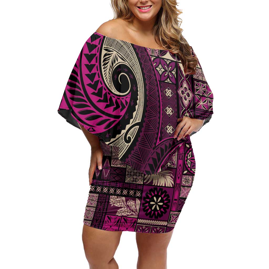 Vintage Samoa Siapo Mamanu Off Shoulder Short Dress Pink Samoan Tapa Motif - Polynesian Pride