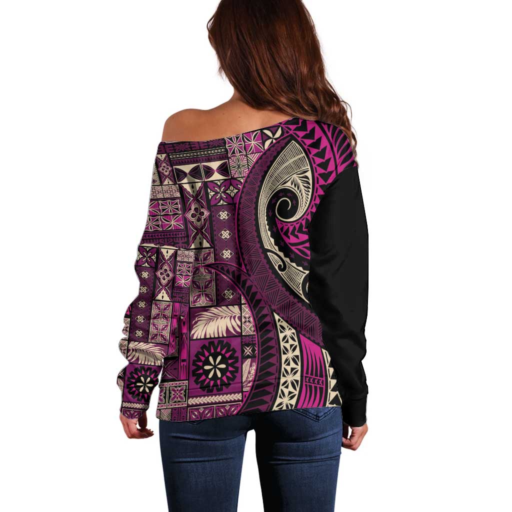 Vintage Samoa Siapo Mamanu Off Shoulder Sweater Pink Samoan Tapa Motif - Polynesian Pride