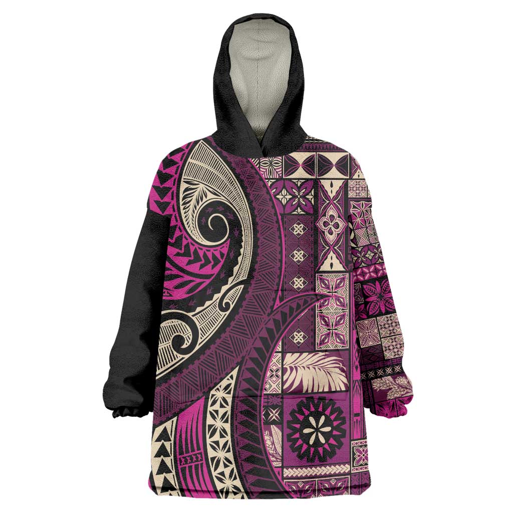 Vintage Samoa Siapo Mamanu Wearable Blanket Hoodie Pink Samoan Tapa Motif LT9 One Size Pink - Polynesian Pride